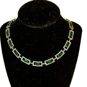 Suzanne Somers Simulated Emerald Necklace Green Silver Choker Vtg CZ Rhinestone